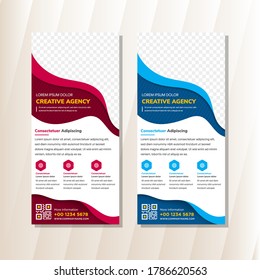 Set of Red and blue Colors wavy style  Background Roll-Up Banner, Advertising Vector Design. Vertical layout. space for photo. white background. 