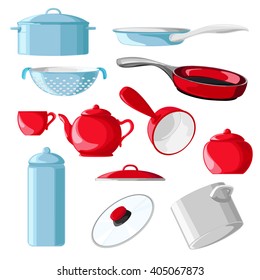Set of red and blue cookware isolated on white background. Vector illustration.
