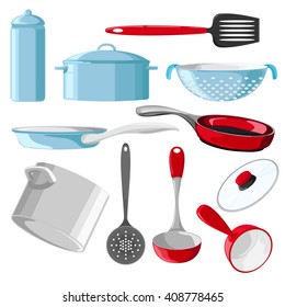 Set of red and blue cookware isolated on white background. Vector illustration. Kitchen utensils. 