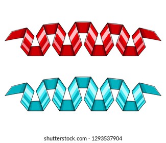 Set of red and blue decorative spiral curved up ribbons, banners. Elements for design. Isolated on white background. EPS10 vector illustration.