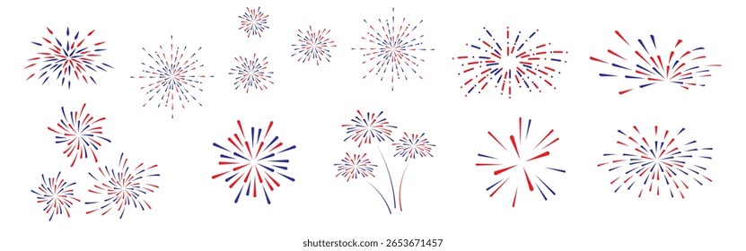 Set of red and blue fireworks icon.  Vibrant fireworks simple line icons.