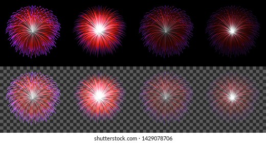 Set of red blue fireworks isolated on transparent dark background. Design element for holiday background in night sky. Vector illustration.
