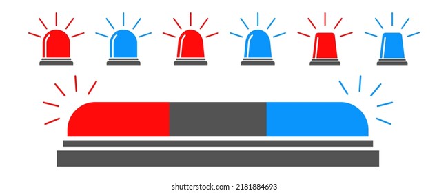 Set of red and blue flasher siren vector icons. Police or ambulance flasher. Alarm and emergency signal. 