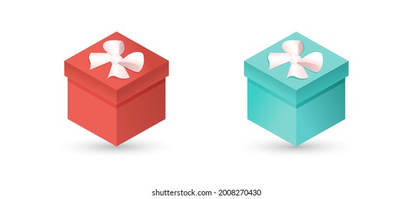 Set of red and blue gift box with bow on white isolated background. Realistic 3D gift for New Year, Christmas, Birthday, Valentines Day, holiday, party. Vector illustration.
