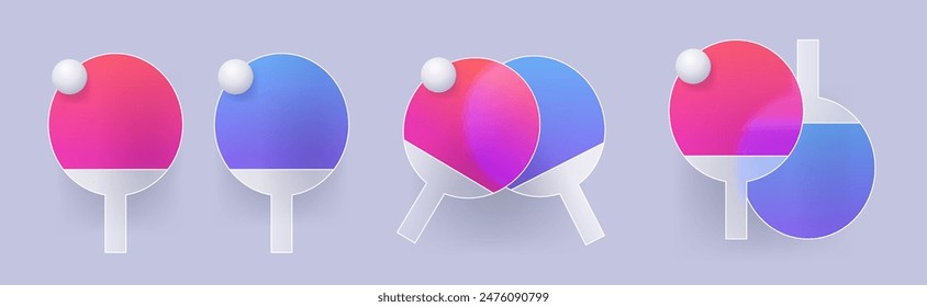 Set of red and blue glass morphism table tennis rackets. Ping pong game vector icon collection