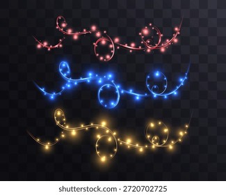 Conjunto de guirnaldas de luz de hadas brillantes rojo, azul y oro aisladas sobre fondo oscuro transparente