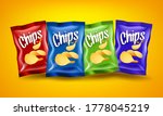 Set of red, blue and green chips packages with yellow crispy snacks on orange background, advertising composition concept, realistic natural potatoes chips poster, vector illustration
