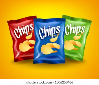 Set of red, blue and green chips packages with yellow crispy snacks on orange background, advertising composition concept, realistic natural potatoes chips poster, vector illustration