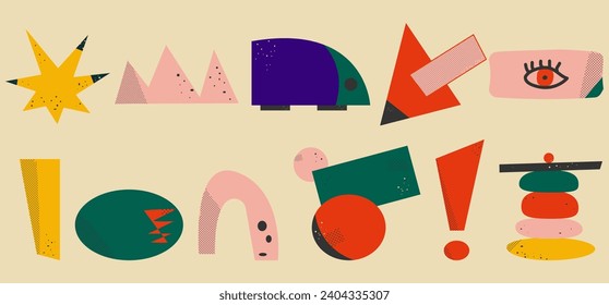  set of red, blue, green, pink, yellow simple abstract geometric shapes of different shapes, hand drawn, isolated on a light background. Vector illustration for trendy design of posters, banners,card