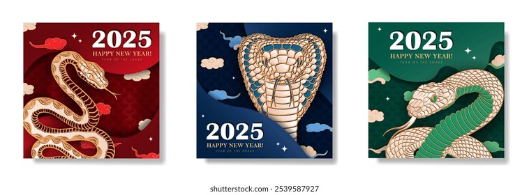 Set of red, blue, green square banners with hand drawn snake, clouds, stars, reptile scales and greeting text. Lunar New Year 2025 flyers, posters, cards in asian style with oriental zodiac sign