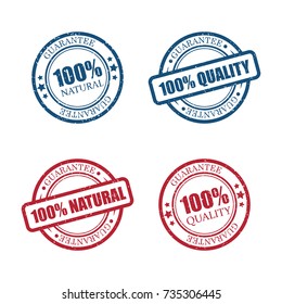 Set of red and blue guarantee rubber stumps. 100 percent quality and natural. Color vector illustration isolated on a white background.