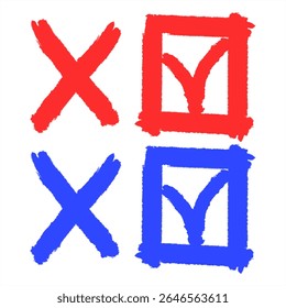 Ensemble de coches et de croix dessinées à la main en rouge et bleu dans des cases, idéal pour les sondages, les votes ou les conceptions de liste de contrôle.