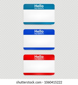 Set of red and blue hello name tag isolated on transparent background. Blank sticker with shadow effect. Element for web, print, advertising. EPS 10 vector file