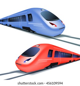 Conjunto de trenes rojos y azules de alta velocidad, aislados en fondo blanco. Vector EPS10.