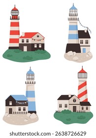 Set of red and blue lighthouses on the coast. Cute houses near the lighthouse. Flat vector illustration.