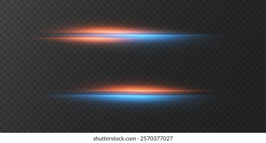 Set of red and blue lines. Flash of neon laser beams. On a transparent background.
