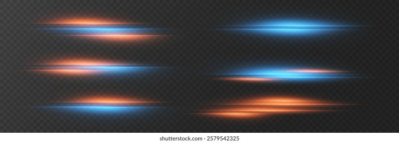 Set of red and blue lines. Flash of neon laser beams. On a transparent background.