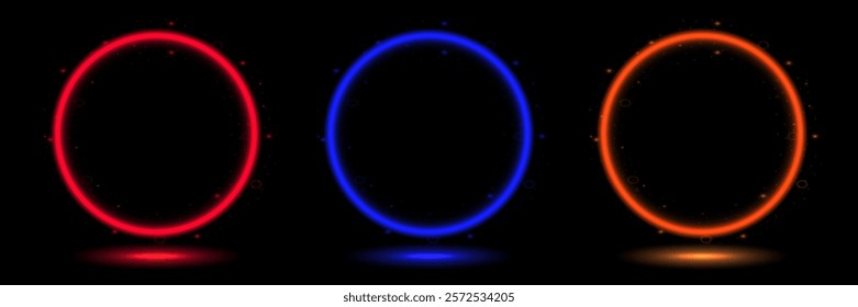Set of red, blue and orange circles. Neon light, frame rotation. Portal. Glowing orange rings. Vector illustration. EPS 10.