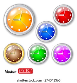 set red blue orange yellow violet golden green clock dial, icon isolated on white background vector Illustration