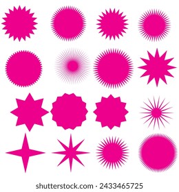  Set of red, blue, pink, green, starburst. Price sticker, sale sticker, price tag, starburst, retro stars, sale or discount sticker, sunburst badges, sun ray frames, promotional badge set, RAJDIP