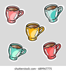 Set of red, blue, pink, yellow tea or coffee cups. Colorful hand drawn sketch icon. Vector EPS 10 illustration.