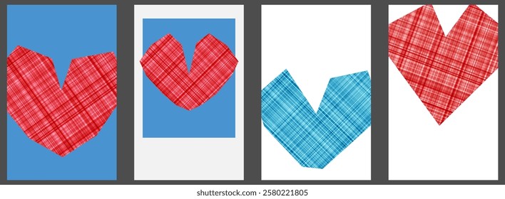 A set of red and blue plaid hearts displayed on blue and white minimalistic backgrounds, framed in gray borders.