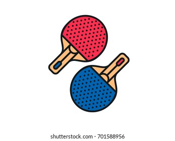 set of red and blue playing rackets ping pong table, flat icon