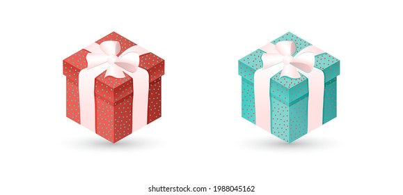 Conjunto de caja de regalo de puntos de polka rojo y azul con arco y cinta sobre fondo blanco aislado. Regalo 3D realista para Año Nuevo, Navidad, Cumpleaños, San Valentín, fiestas, fiestas. Ilustración vectorial.