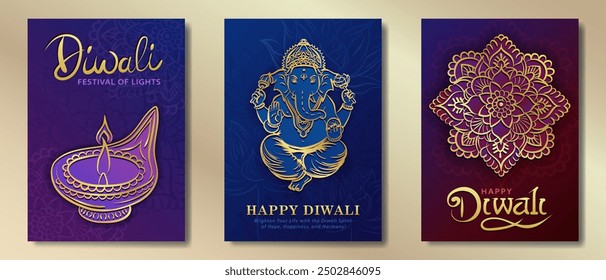 Set of red, blue and purple greeting cards for Diwali (Hindu festival of lights) featuring golden linear Diya (oil lamp), hand drawn Lord Ganesha and outline detailed Mandala Rangoli. Dipavali posters