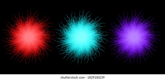 Set aus roten, blauen und violetten Pompons. Fluffe Pompons einzeln. 3D-Vektorgrafik.