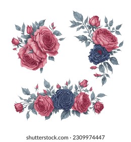Set of Red and Blue Rose Flower Arrangement Watercolor Illustration.