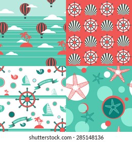 set of red and blue seamless vector nautical patterns 