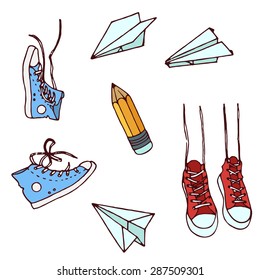 Set with red and blue sneakers isolated on white. Vector Paper Plane Icon Symbol Set. Wooden sharp pencil.