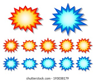 Set Of Red And Blue Starburst Speech Bubbles. Vector.