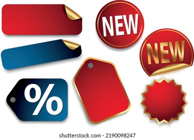 Set of red and blue stickers with gold elements. Vector illustration.