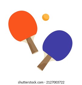 Set of red and blue Table tennis paddles and ball isolated on white background. Ping Pong player equipment. Concept of sport equipment, exercise, sport competition. Flat vector illustration.