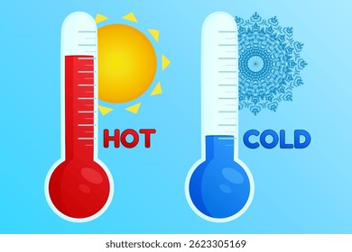 Conjunto de termômetros de temperatura vermelha e azul mostrando o tempo como calor de verão e frio de inverno, sol e floco de neve em fundo azul. Indicação a quente e a frio. Ideal para projetos de verão e clima.