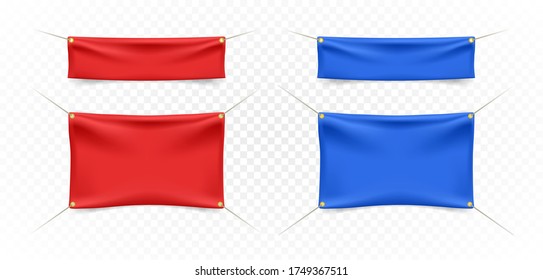 Juego de carteles textiles rojos y azules con dobleces de fondo blanco. Elementos vectores aislados 