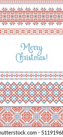 Set of red and blue traditional Russian,  Scandinavian, Slavic folk ethnic art knitted embroidery pattern for pullover and sweater.Happy New Year 2017.Merry Christmas. Card. Ornament.