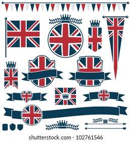 set of red and blue uk flags and ribbons, isolated on white