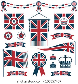 set of red and blue uk flags, ribbons and crowns, isolated on white