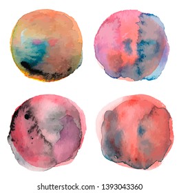 Set of red blue watercolor hand painted round shapes, stains, circles isolated on white. Vector illustration. Perfect for card, banner, template, decoration, print, cover, web, element design.
