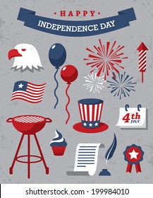 Set of red, blue and white design elements for Independence Day of USA on gray background