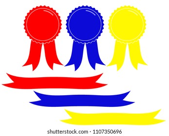 Set of red, blue and yellow award badges with ribbons, flat icon, certification seal, vector illustration