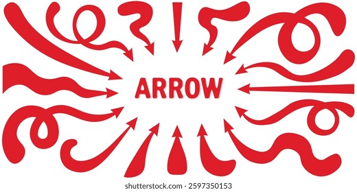 Set of red bold Arrows, isolated on a transparent background. Vector illustration.