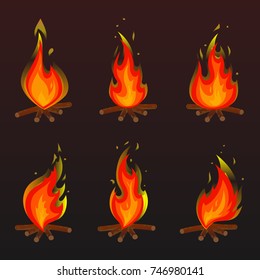 Set of red bonfire icons. Flat vector illustration. Collection of orange flames and bonfires isolated on brown