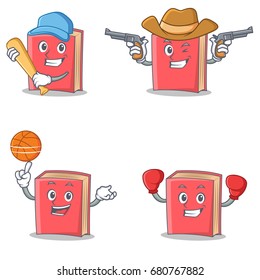 Set of red book character with baseball cowboy basketball boxing