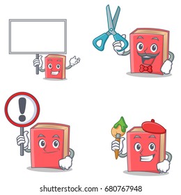 Set of red book character with bring board sign barber artist