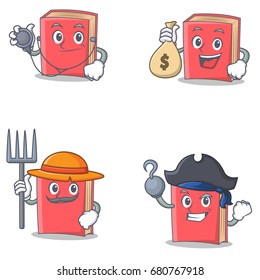 Set of red book character with doctor money bag farmer pirate