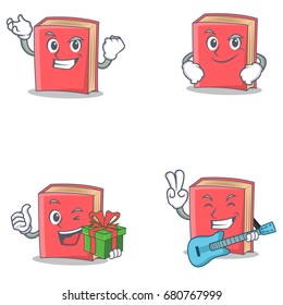 Set of red book character with successful smirking gift guitar